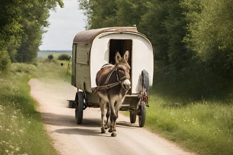 Âne qui tire du roulotte dans la campagne