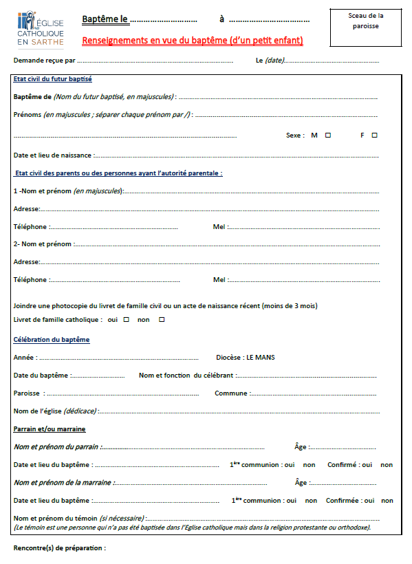 Fiche renseignements baptême